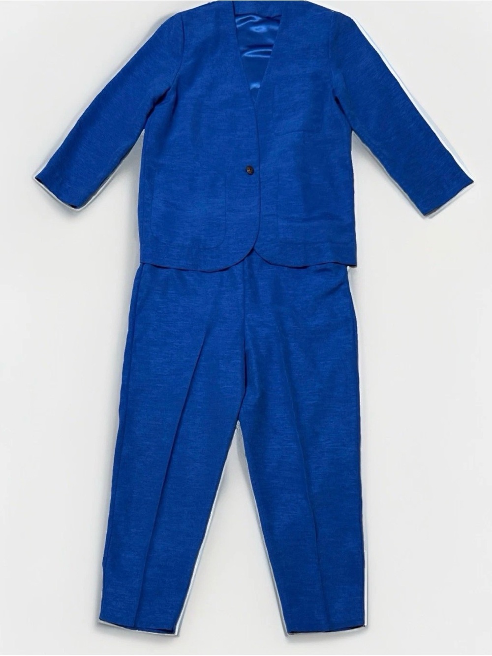 Handmade Vintage Blue pant suit, raw silk appearance, slub texture